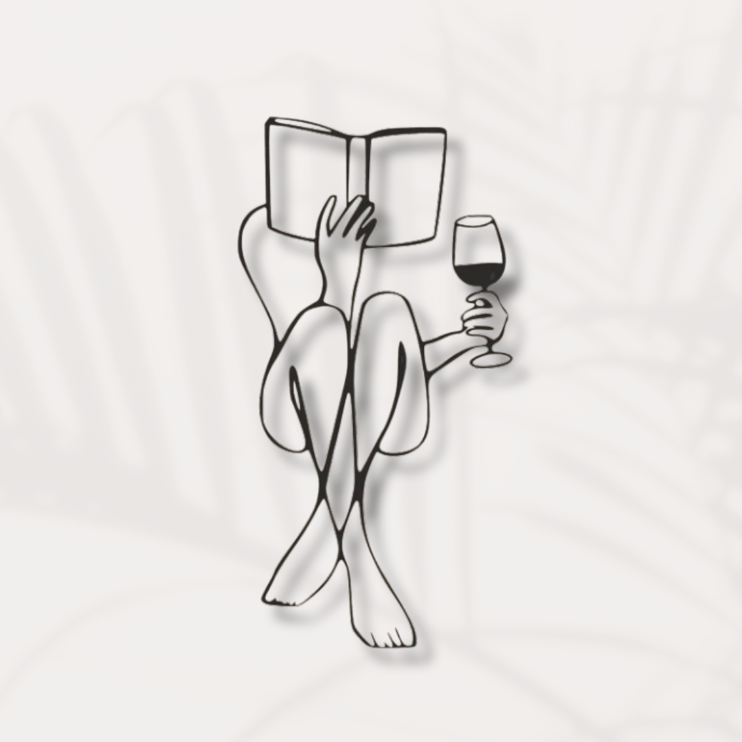 Line-Art Frau mit Buch und Wein