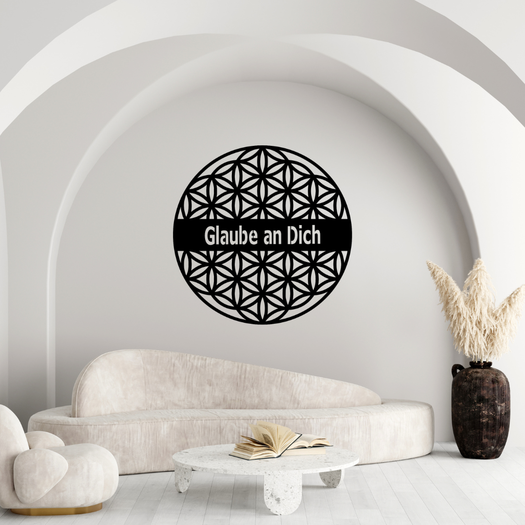 Blume des Lebens aus Metall – mit individuellem Spruch für mehr Inspiration
