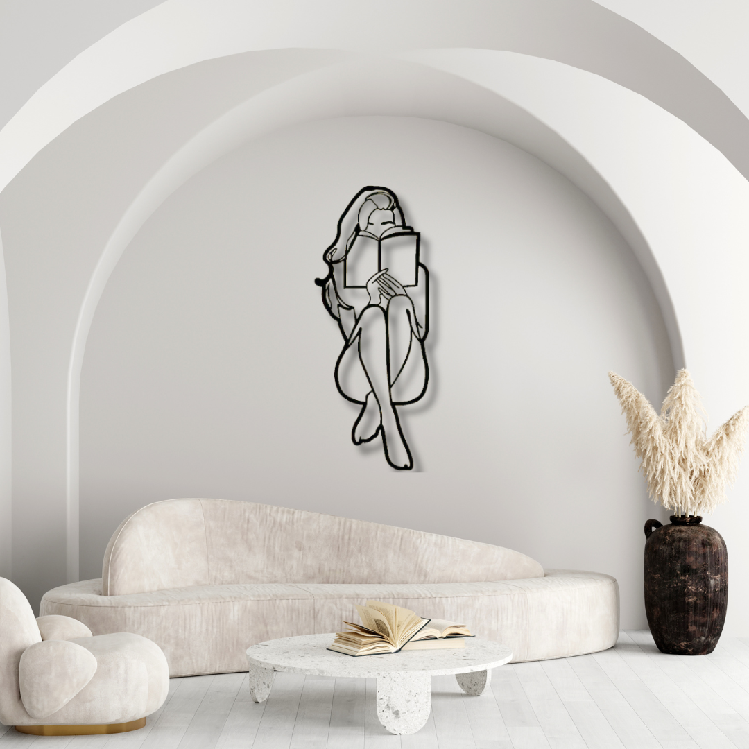 Line Art Wandbild – Frau liest Buch