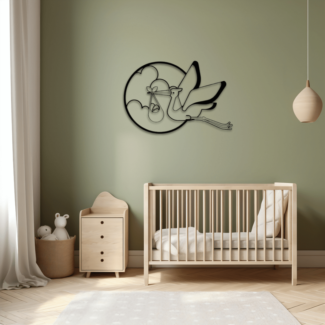 Wandbild "Storch Baby is Coming" – Nachswuchs Wanddeko aus Metall